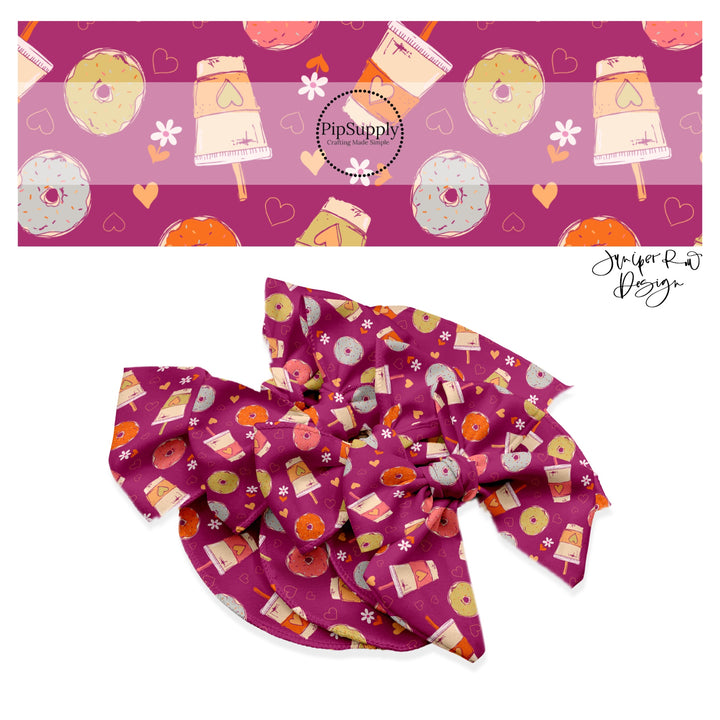 These Valentine's pattern themed no sew bow strips can be easily tied and attached to a clip for a finished hair bow. These Valentine's Day bow strips are great for personal use or to sell. These bow strips features donuts and lattes on purple. 