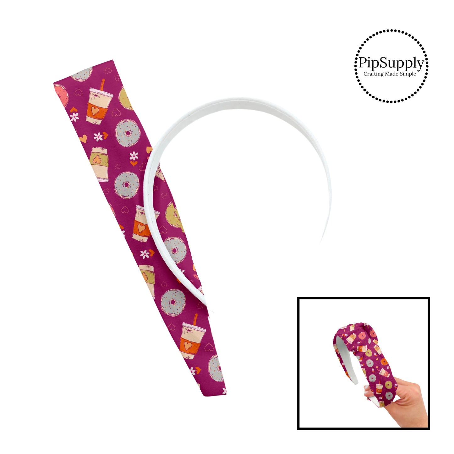 These patterned headband kits are easy to assemble and come with everything you need to make your own knotted headband. These Valentine's Day kits include a custom printed and sewn fabric strip and a coordinating velvet headband. This cute pattern features donuts and lattes on purple. 