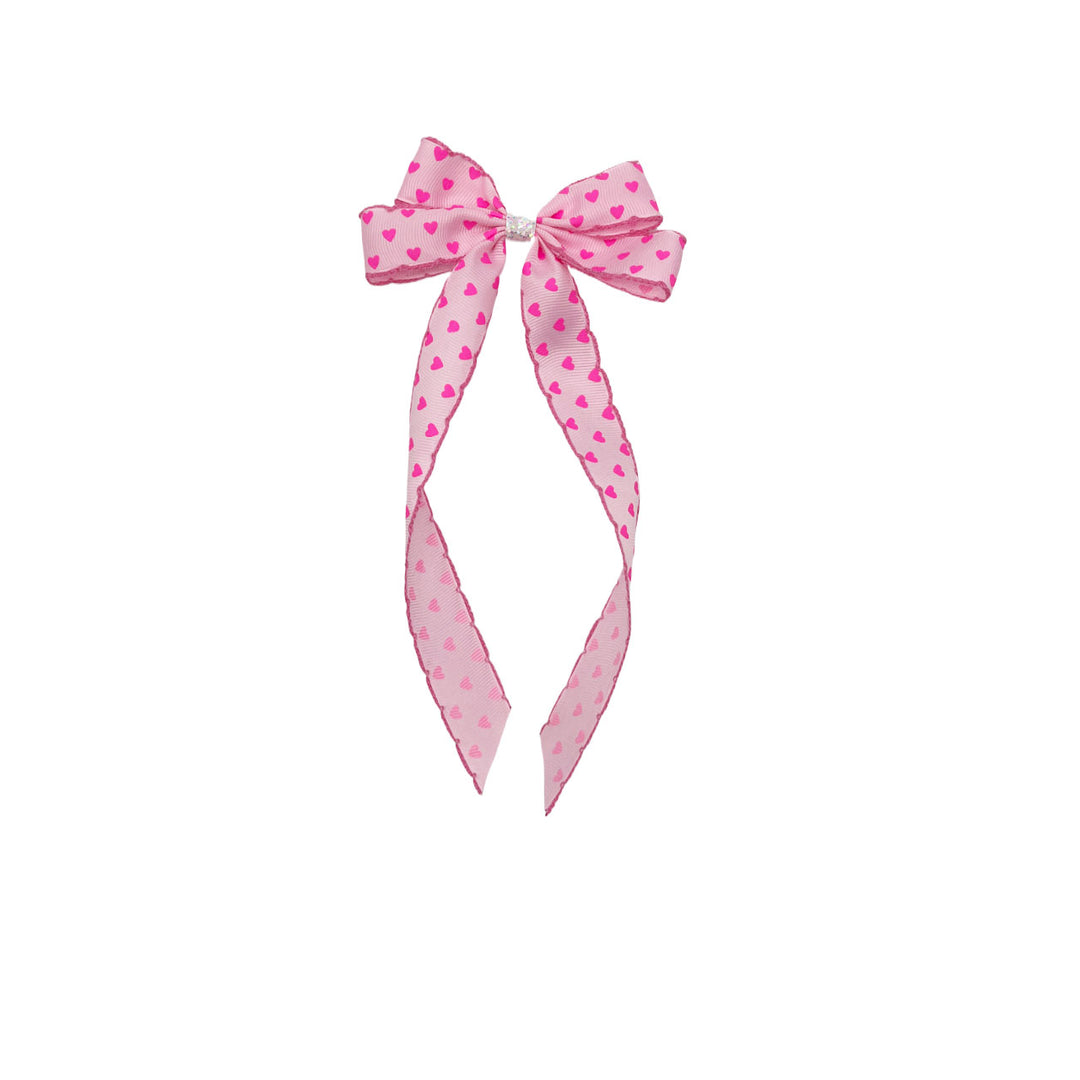 Double Looped Pink w/ Pink Hearts Ribbon Bow w Clip