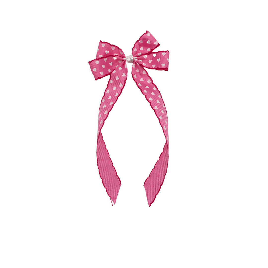Double Looped Pink w/ White Hearts Ribbon Bow w Clip