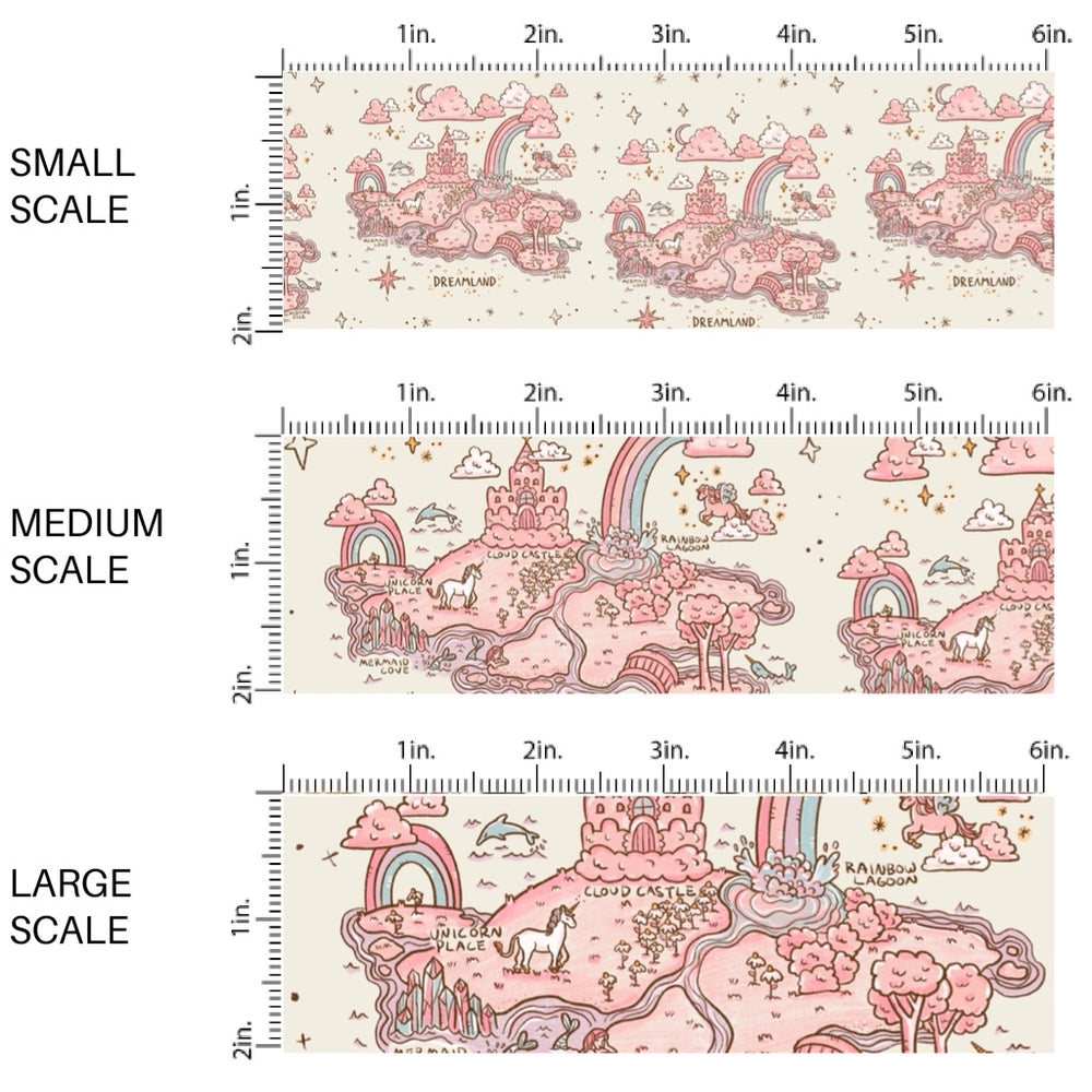 These rainbow themed pattern fabric by the yard features the following design elements: dreamland map on cream. This fun themed fabric can be used for all your sewing and crafting needs!