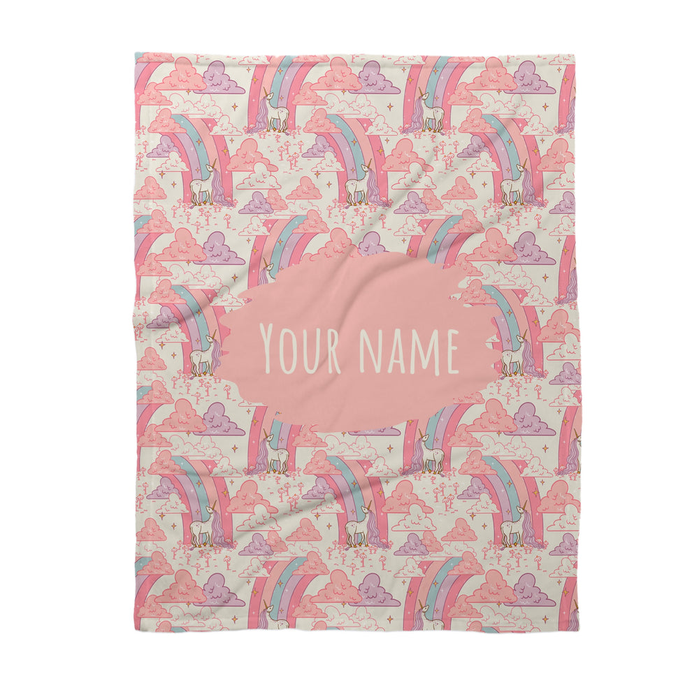 This unicorn designer pattern is printed onto the front side of our soft touch minky blankets. The backside will not be printed and left the natural cream/white color of the blanket. This print pattern features rainbows and unicorns.