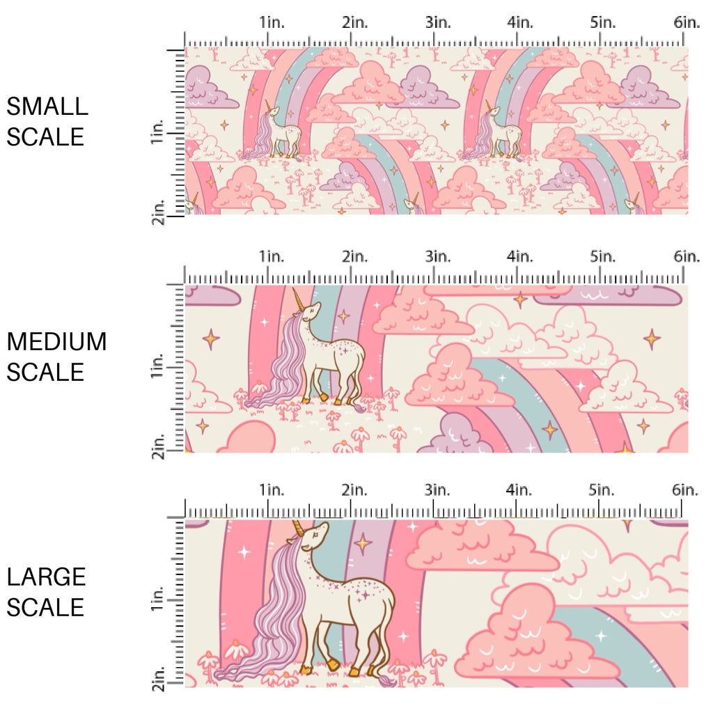 These rainbow themed pattern fabric by the yard features the following design elements: unicorns surrounded by colorful rainbows. This fun themed fabric can be used for all your sewing and crafting needs!