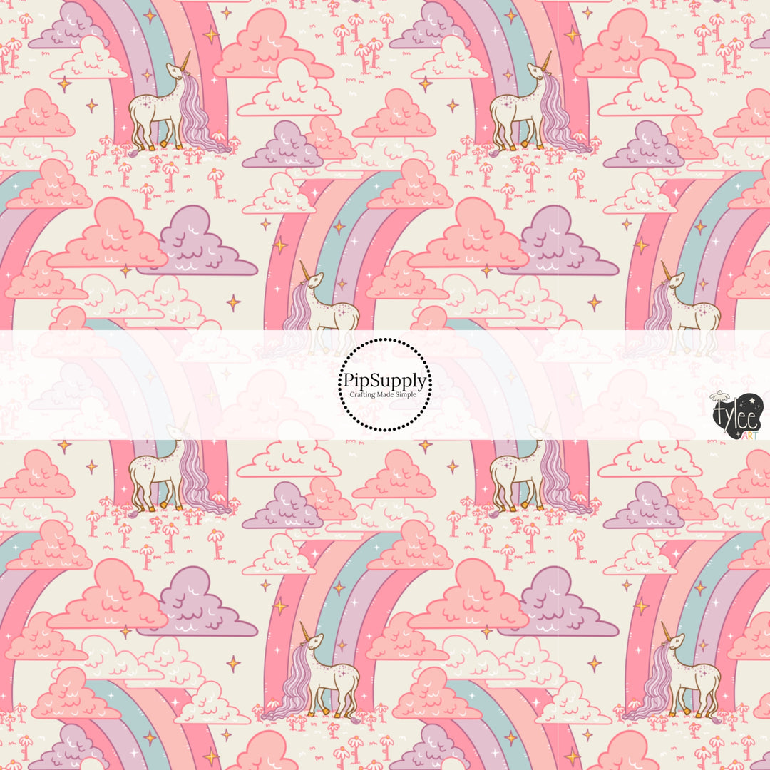 These rainbow themed pattern fabric by the yard features the following design elements: unicorns surrounded by colorful rainbows. This fun themed fabric can be used for all your sewing and crafting needs!