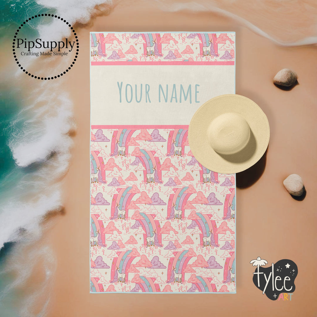 These soft, plush beach towels are printed on the front side with a unicorn pattern and are able to be personalized with your name or the name of friends. These are great for gifts! This patterned towel features rainbows and unicorns making these fun towels perfect for an active summer day or just day to day use!