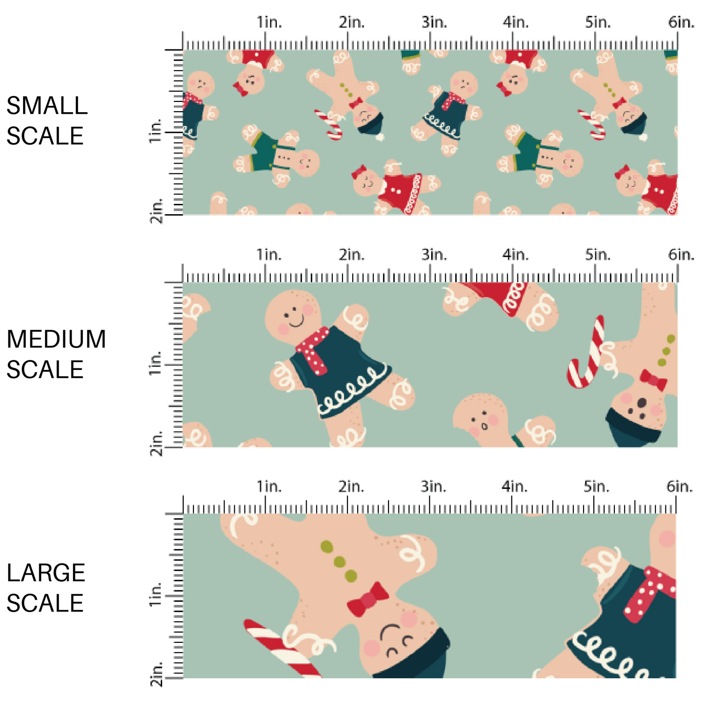 This scale chart of small scale, medium scale, and large scale of these holiday pattern themed fabric by the yard features gingerbread cookies on light blue. This fun Christmas fabric can be used for all your sewing and crafting needs!