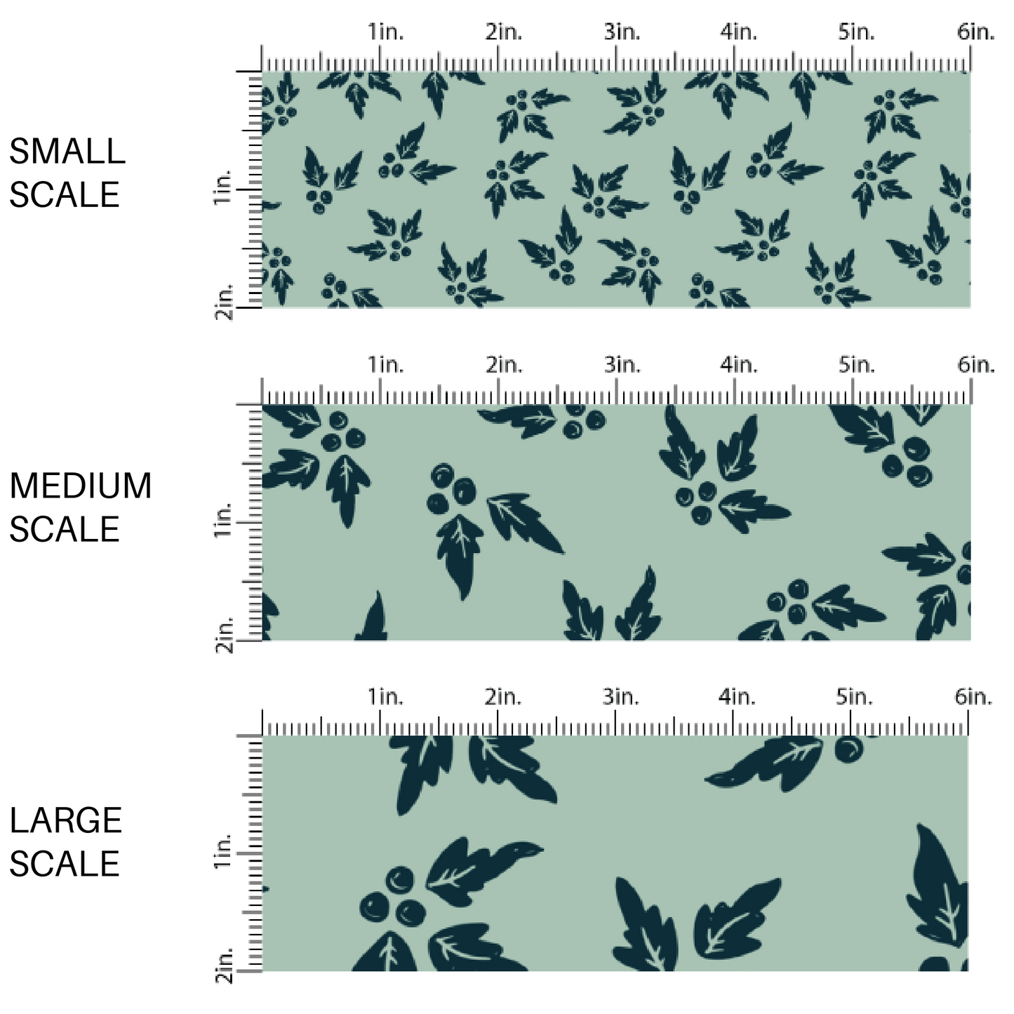 This scale chart of small scale, medium scale, and large scale of these holiday pattern themed fabric by the yard features small dark green hollies on light blue. This fun Christmas fabric can be used for all your sewing and crafting needs!  