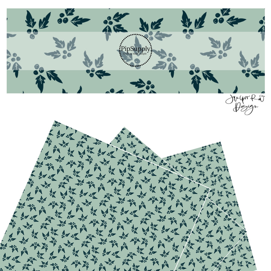 These holiday themed faux leather sheets contain the following design elements: small dark green hollies on light blue. Our CPSIA compliant faux leather sheets or rolls can be used for all types of crafting projects.