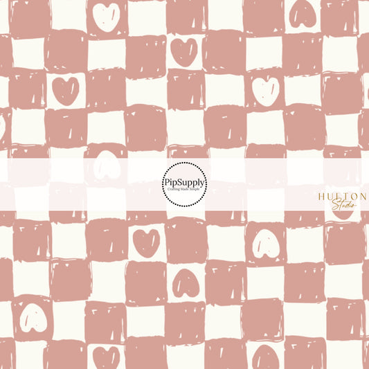 Hearts on Pink and White Checkered Fabric by the Yard.
