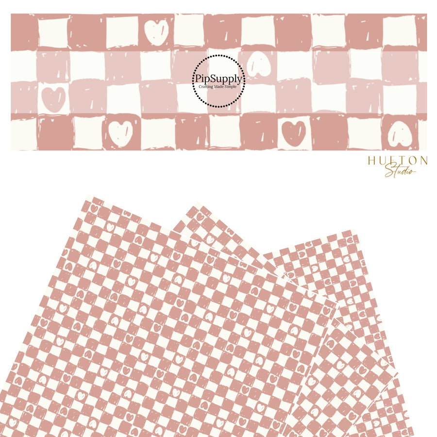 These checkered pattern themed faux leather sheets contain the following design elements: dusty rose and cream checkered pattern with tiny hearts. Our CPSIA compliant faux leather sheets or rolls can be used for all types of crafting projects.