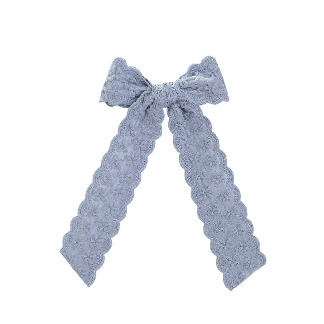 Dusty Blue Scalloped Long Tail Hair Bow w/ Clip