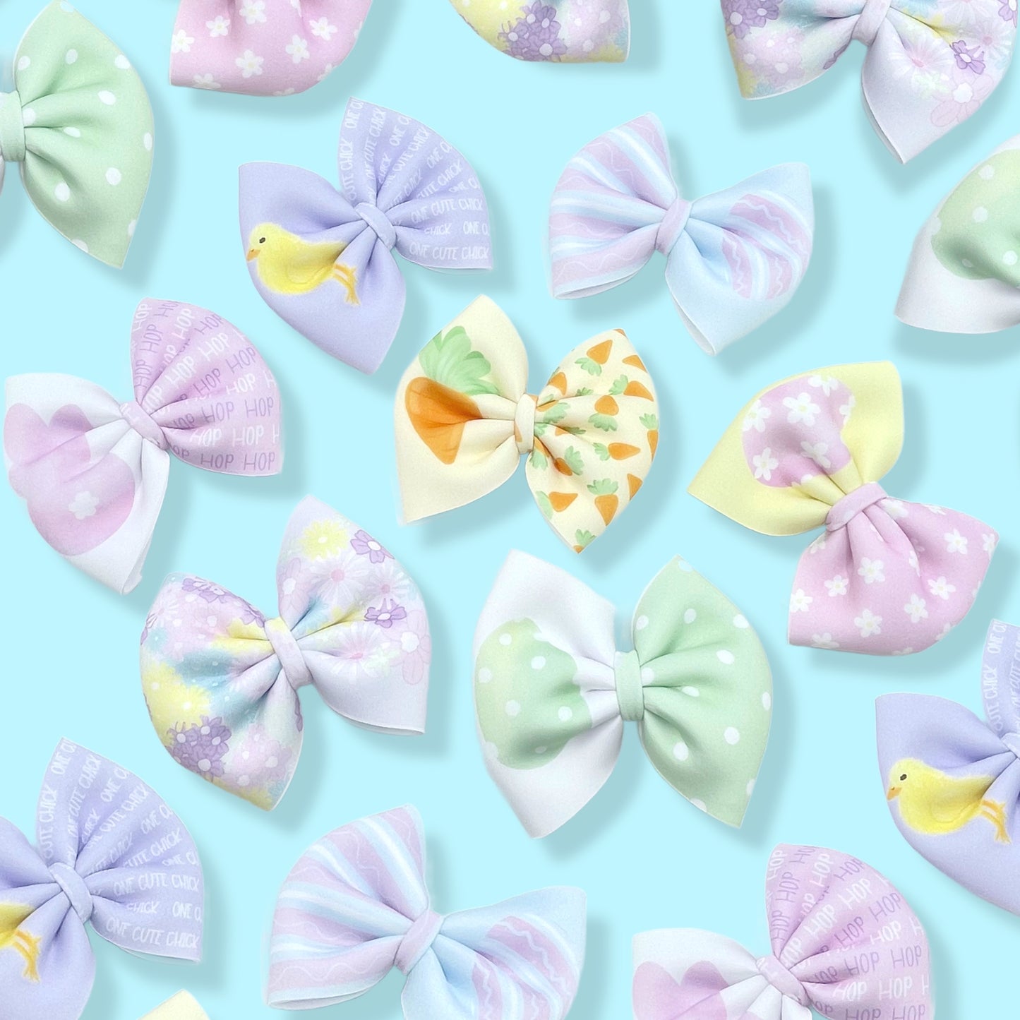 spring and easter themed hand cut pinch bows on neoprene