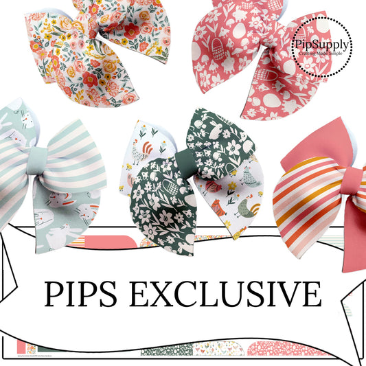 bunnies chickens and flowers spring themed neoprene hair bows from Indy Bloom 