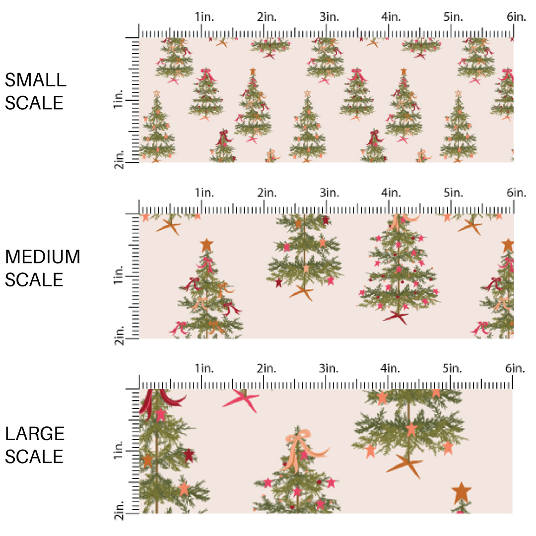 Cream fabric by the yard scaled image guide with green Christmas trees, stars, and ribbon.