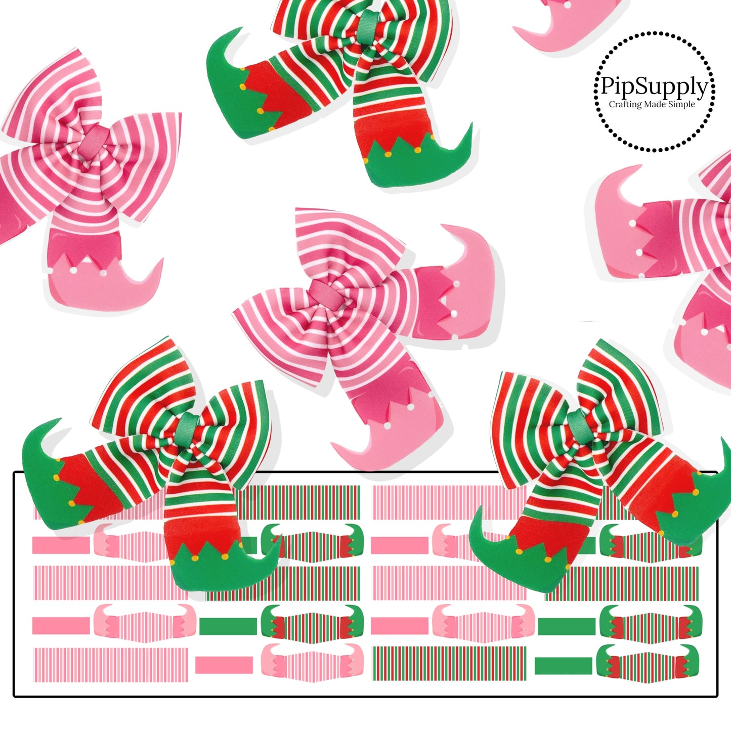 Pink, white, green, and red neoprene elf stocking bow strips.