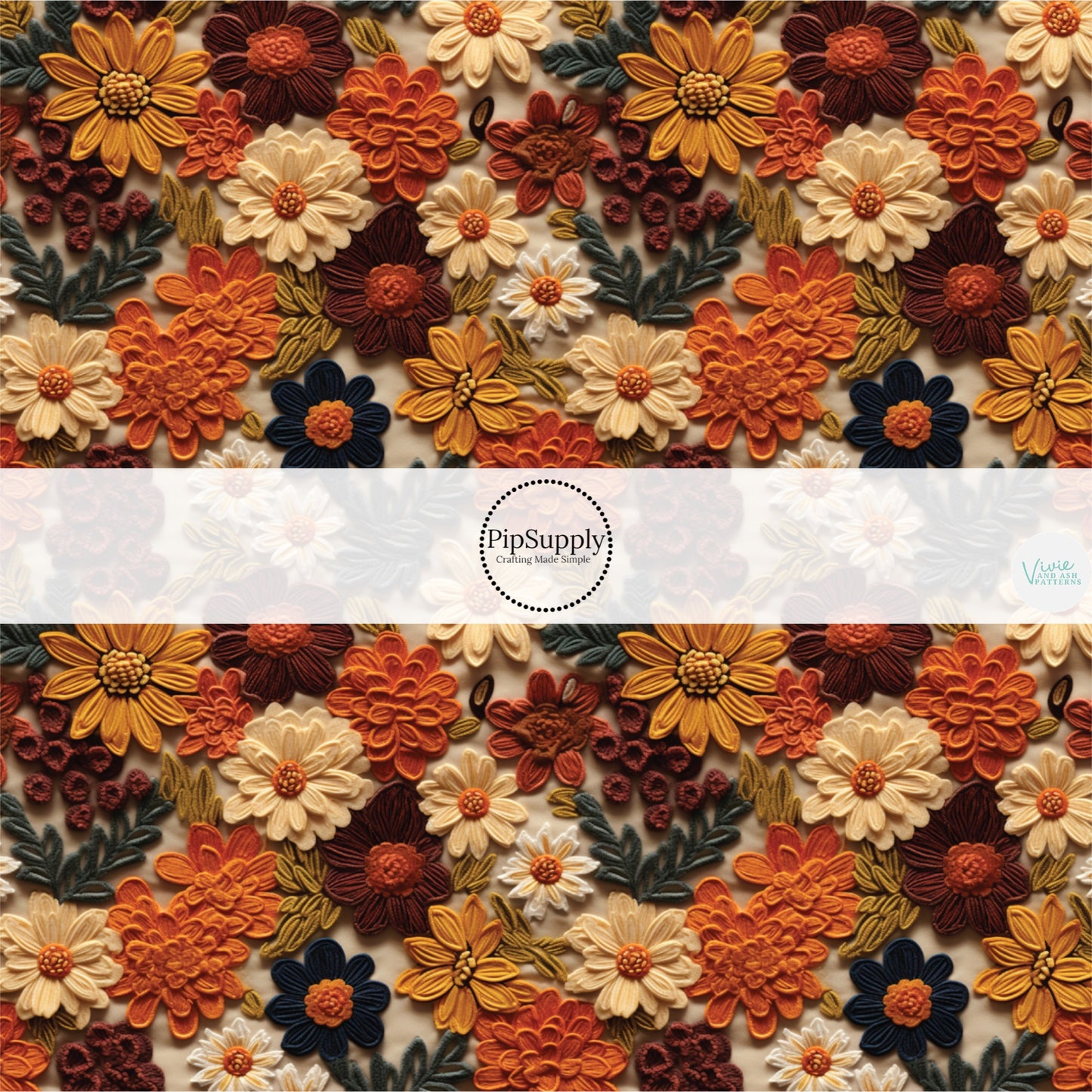 Yellow, cream, orange, burgundy, and green embroidered flowers on cream fabric by the yard.