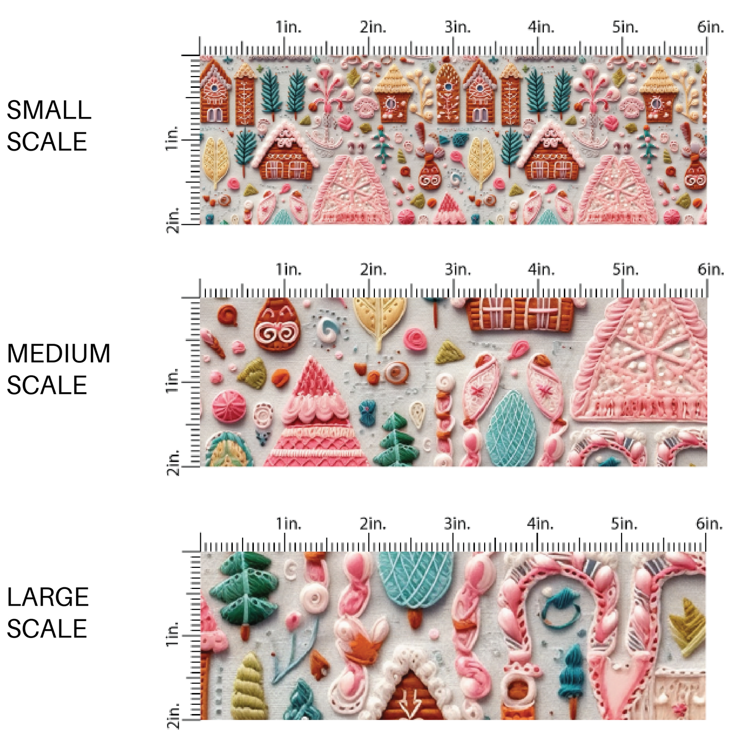 This scale chart of small scale, medium scale, and large scale of these holiday sewn pattern themed fabric by the yard features Christmas village cabins and trees. This fun Christmas fabric can be used for all your sewing and crafting needs!