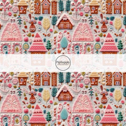 These holiday sewn pattern themed fabric by the yard features Christmas village cabins and trees. This fun Christmas fabric can be used for all your sewing and crafting needs!