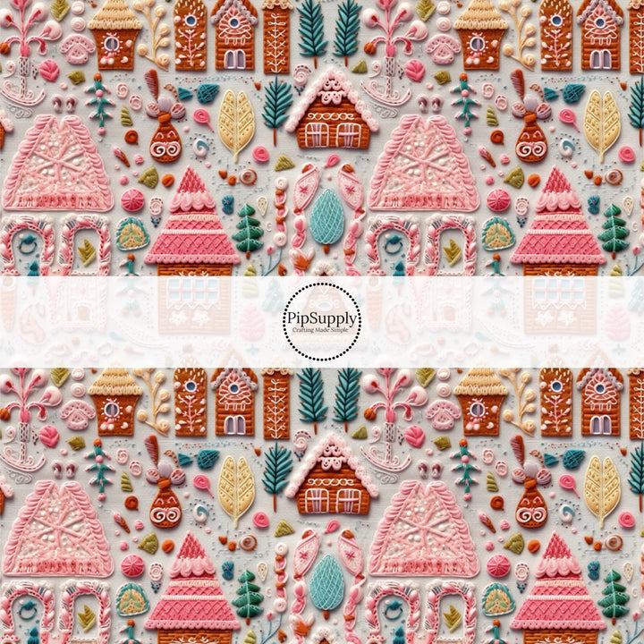 These holiday sewn pattern themed fabric by the yard features Christmas village cabins and trees. This fun Christmas fabric can be used for all your sewing and crafting needs!