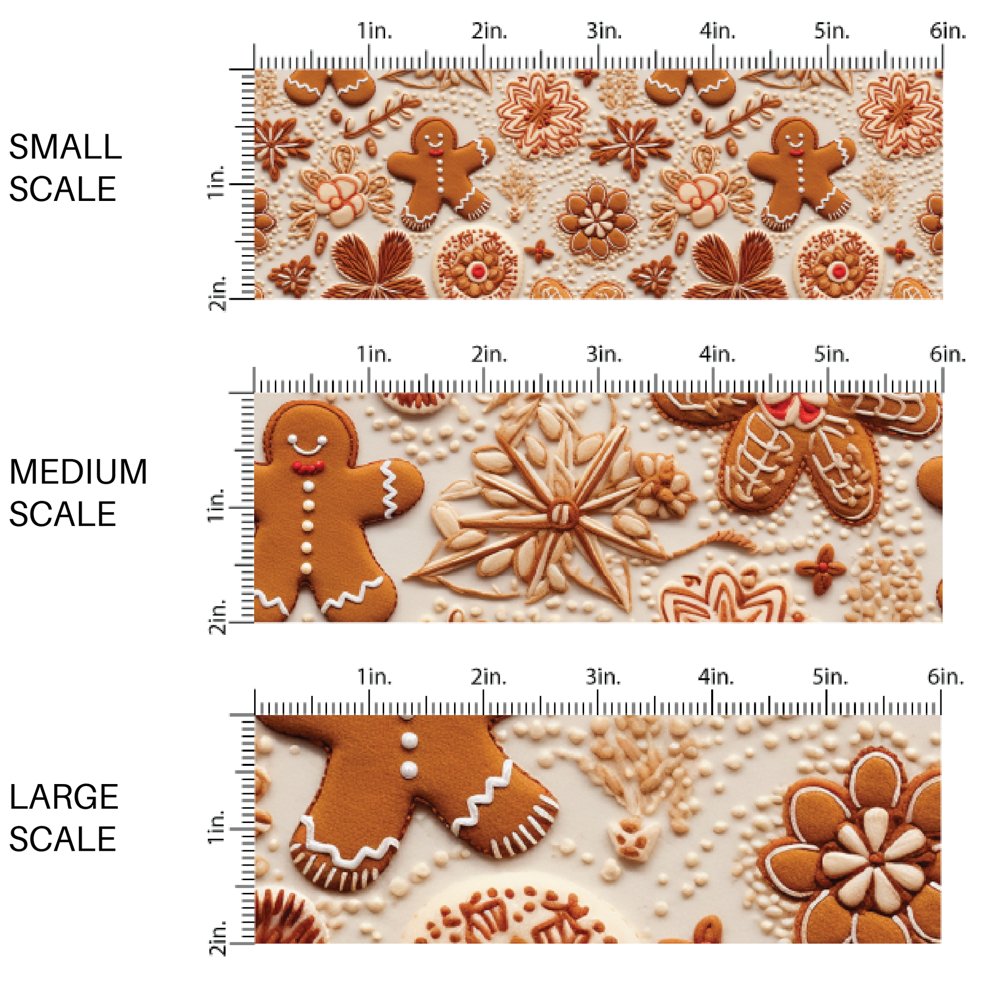 This scale chart of small scale, medium scale, and large scale of these holiday sewn pattern themed fabric by the yard features Christmas gingerbread cookies. This fun Christmas fabric can be used for all your sewing and crafting needs!