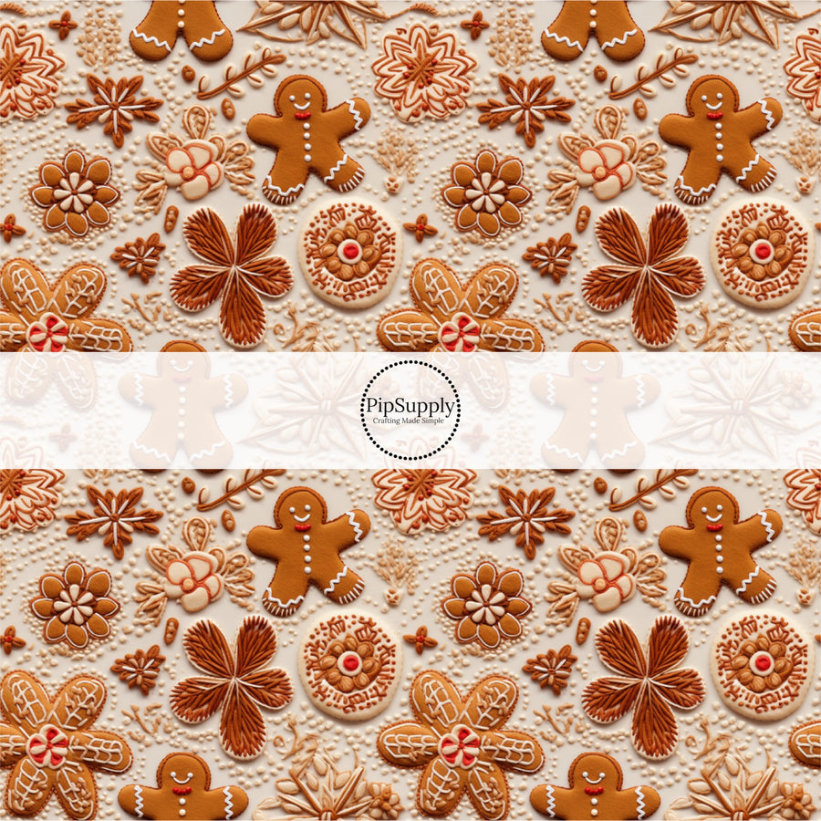 These holiday sewn pattern themed fabric by the yard features Christmas gingerbread cookies. This fun Christmas fabric can be used for all your sewing and crafting needs!