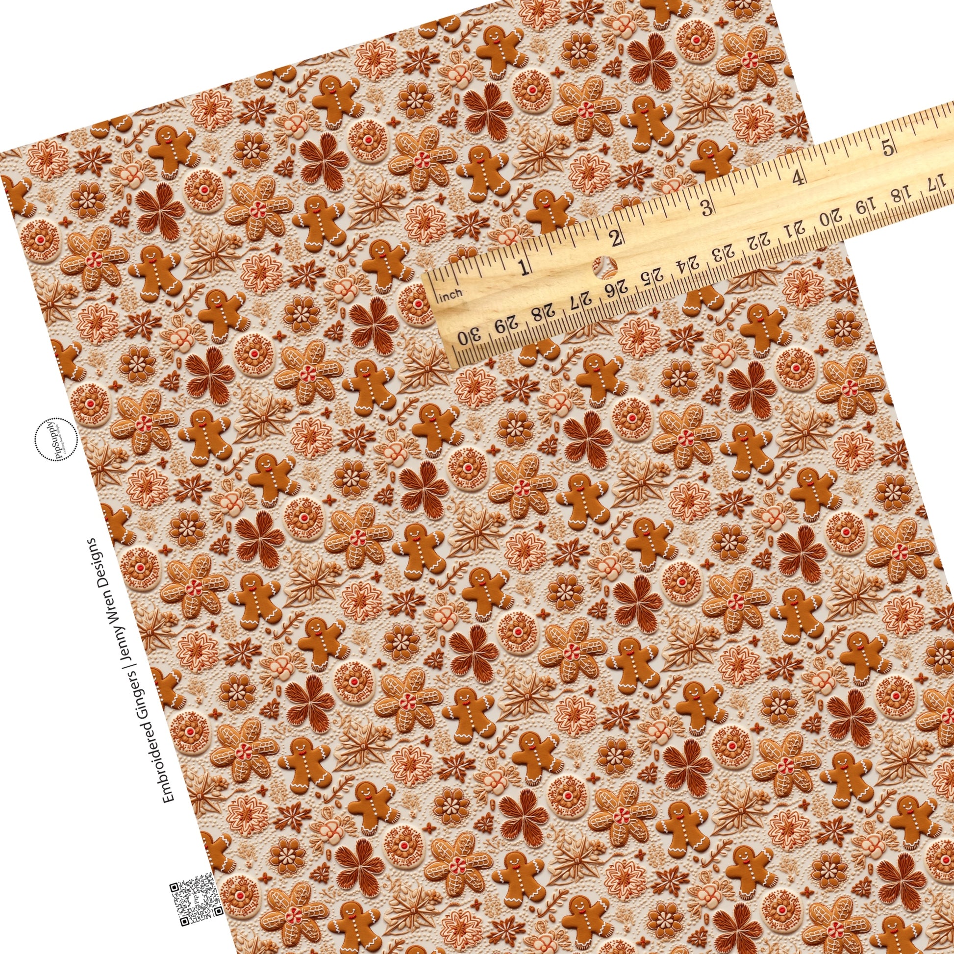 These holiday sewn pattern themed faux leather sheets contain the following design elements: Christmas gingerbread cookies. Our CPSIA compliant faux leather sheets or rolls can be used for all types of crafting projects.