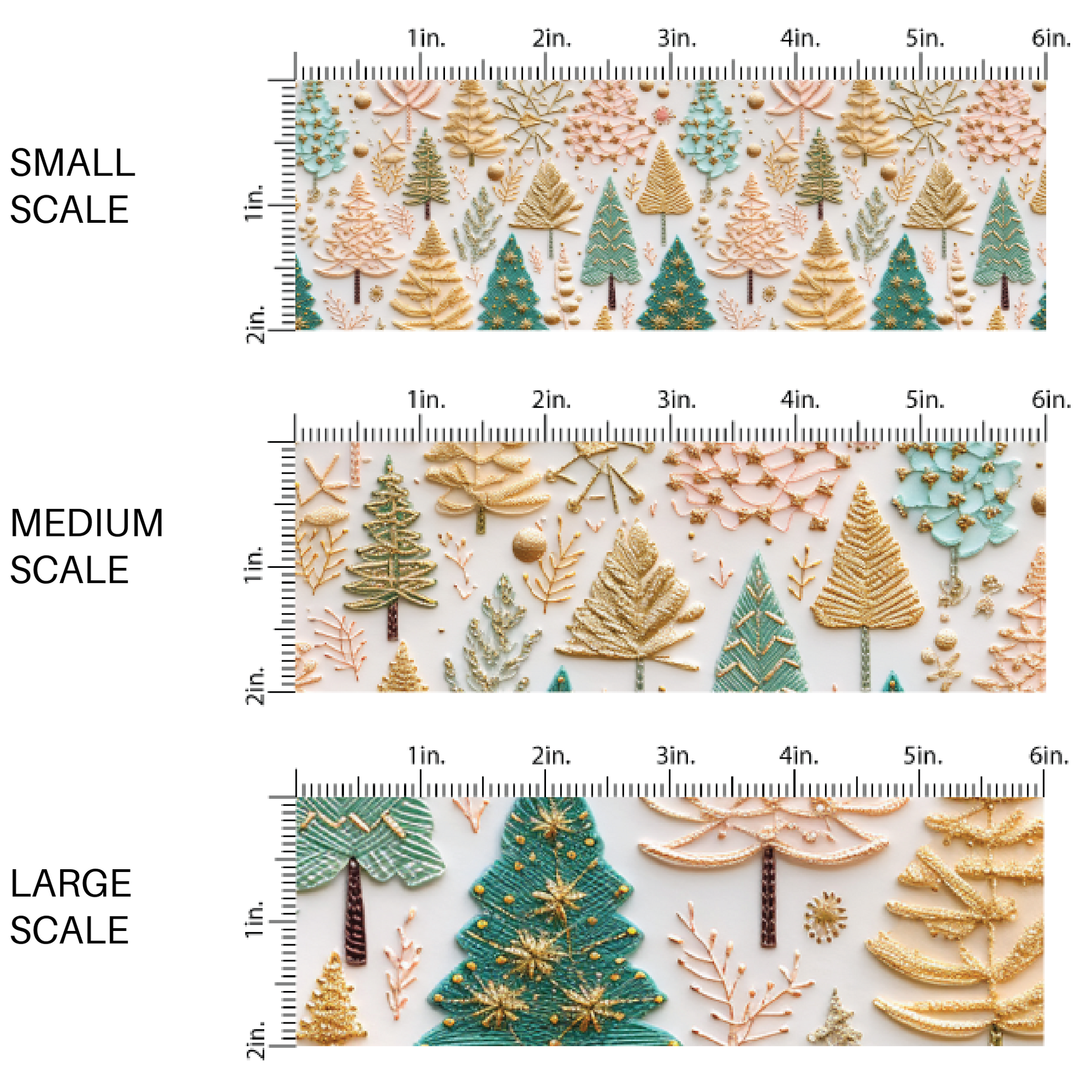 This scale chart of small scale, medium scale, and large scale of these holiday sewn pattern themed fabric by the yard features green and pastel pink Christmas trees on cream. This fun Christmas fabric can be used for all your sewing and crafting needs!