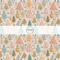 These holiday sewn pattern themed fabric by the yard features green and pastel pink Christmas trees on cream. This fun Christmas fabric can be used for all your sewing and crafting needs!