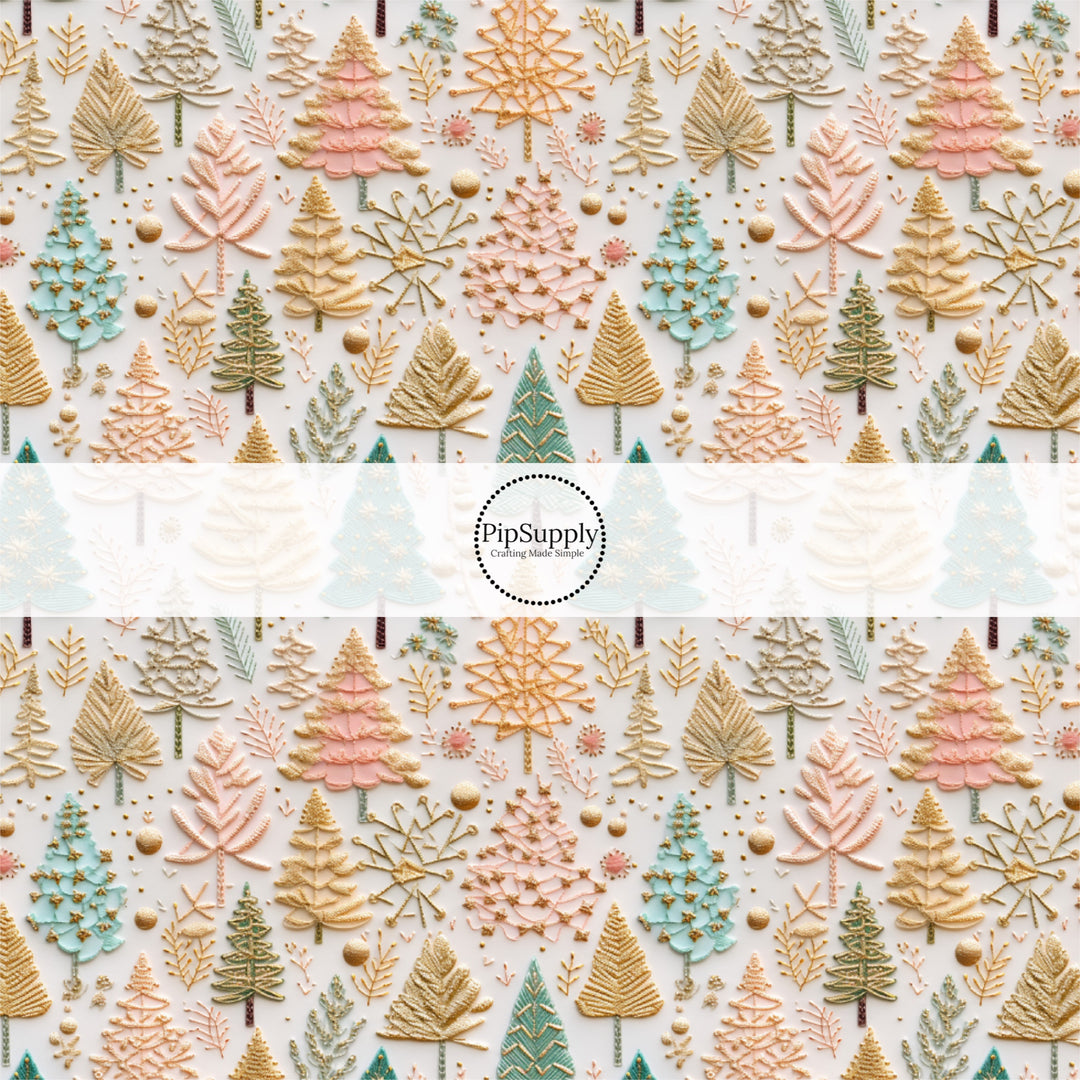 These holiday sewn pattern themed fabric by the yard features green and pastel pink Christmas trees on cream. This fun Christmas fabric can be used for all your sewing and crafting needs!