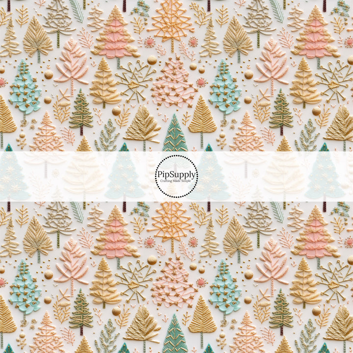 These holiday sewn pattern themed fabric by the yard features green and pastel pink Christmas trees on cream. This fun Christmas fabric can be used for all your sewing and crafting needs!