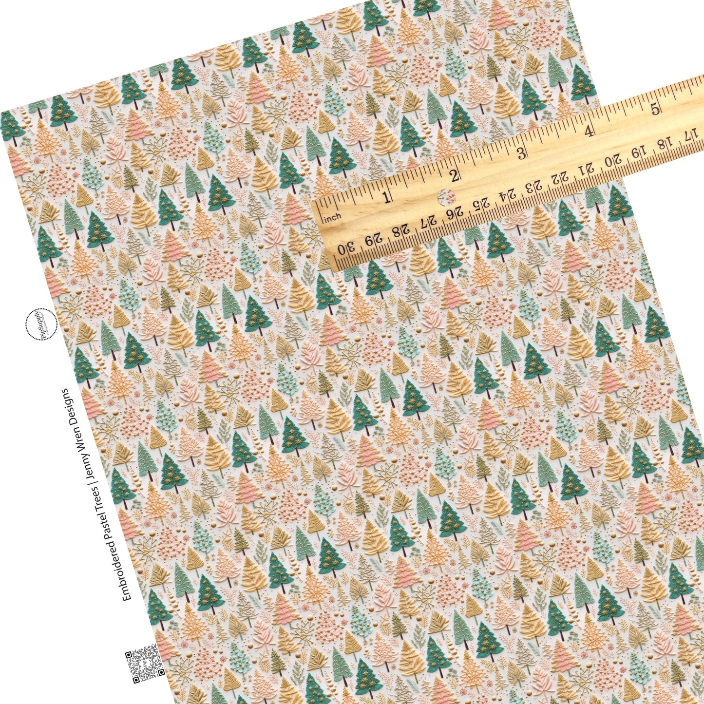 These holiday sewn pattern themed faux leather sheets contain the following design elements: green and pastel Christmas trees on cream. Our CPSIA compliant faux leather sheets or rolls can be used for all types of crafting projects.