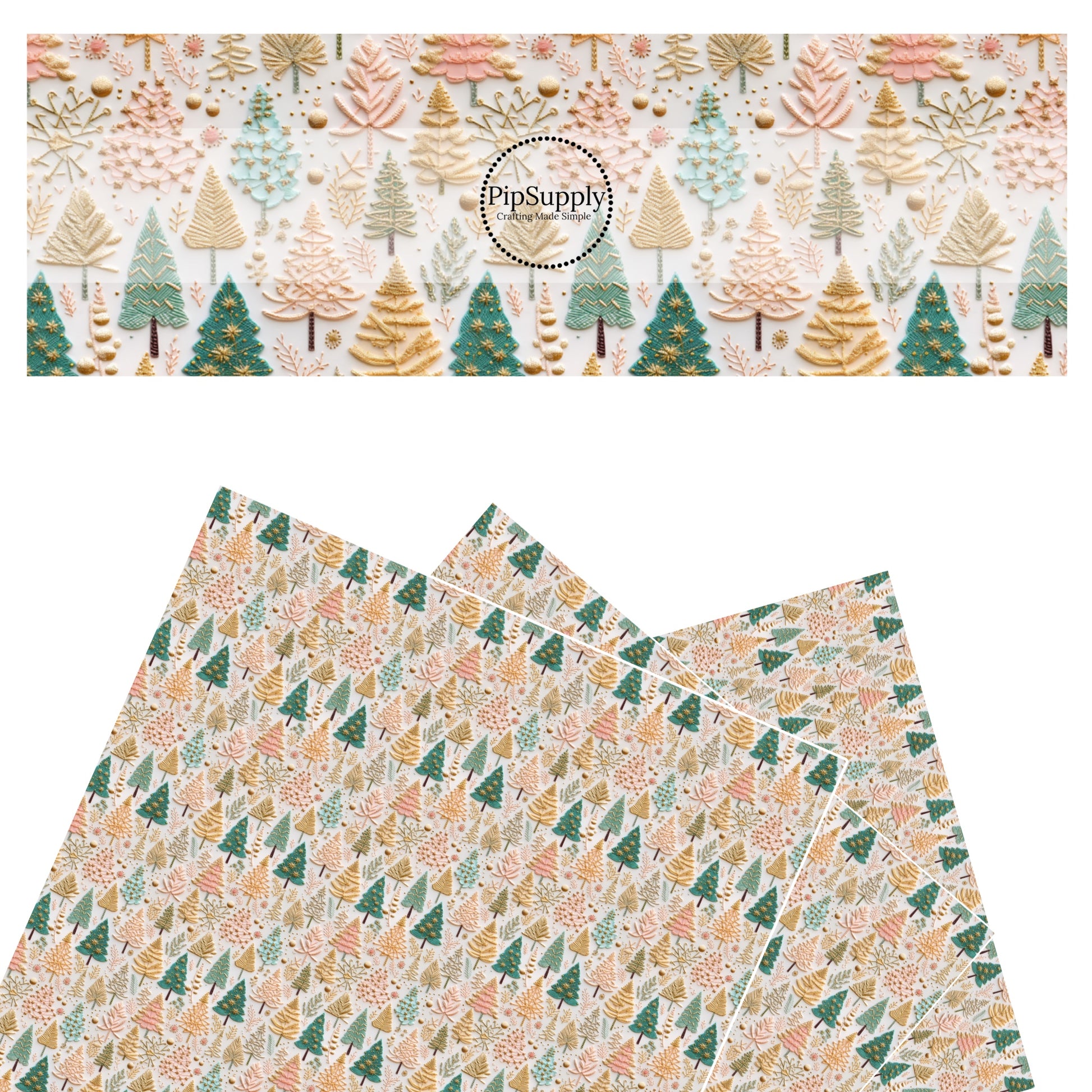 These holiday sewn pattern themed faux leather sheets contain the following design elements: green and pastel Christmas trees on cream. Our CPSIA compliant faux leather sheets or rolls can be used for all types of crafting projects.