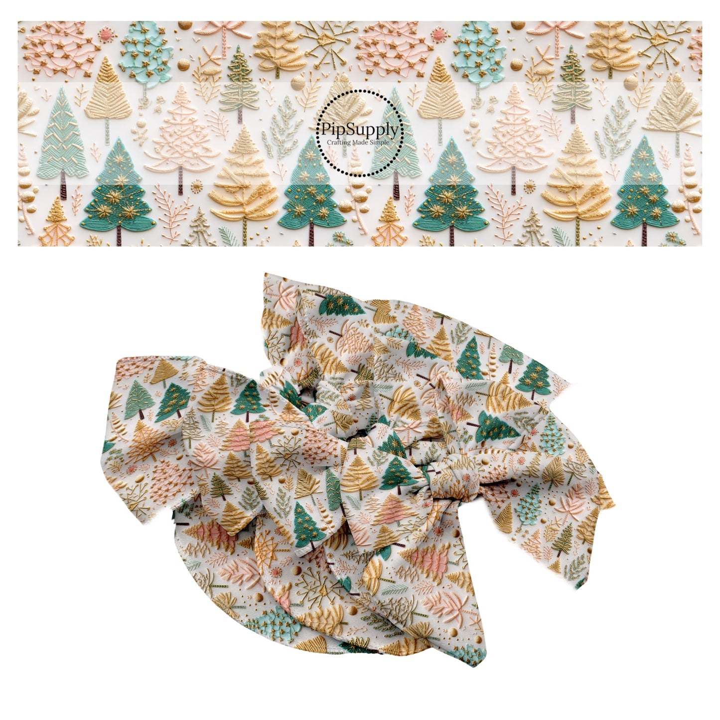 These holiday sewn pattern themed no sew bow strips can be easily tied and attached to a clip for a finished hair bow. These Christmas bow strips are great for personal use or to sell. The bow strips features features green and pastel pink Christmas trees on cream.