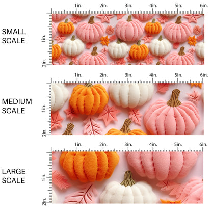 This scale chart of small scale, medium scale, and large scale of these holiday sewn pattern themed fabric by the yard features orange, pink, and cream pumpkins and leaves on light pink. This fun Halloween fabric can be used for all your sewing and crafting needs!