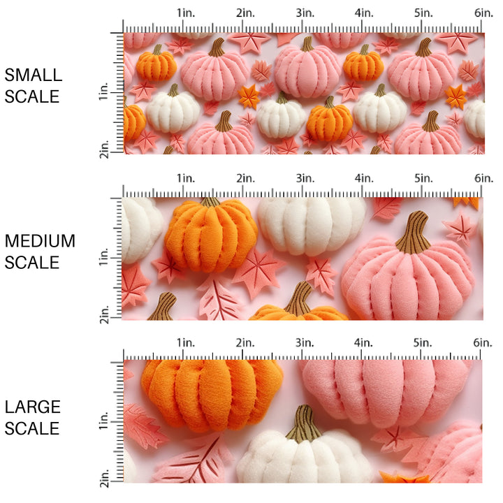 This scale chart of small scale, medium scale, and large scale of these holiday sewn pattern themed fabric by the yard features orange, pink, and cream pumpkins and leaves on light pink. This fun Halloween fabric can be used for all your sewing and crafting needs!