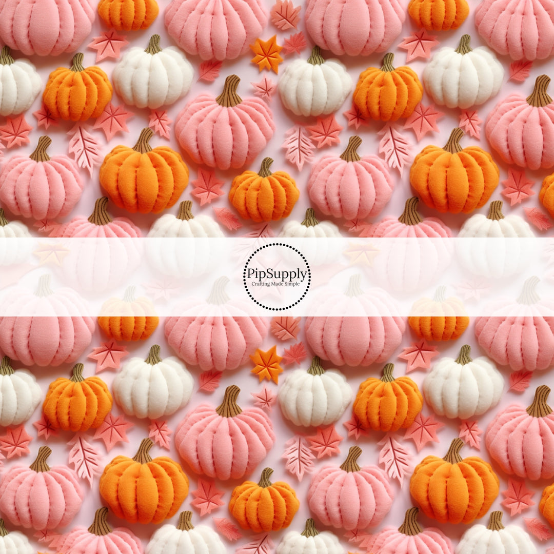 These holiday sewn pattern themed fabric by the yard features orange, pink, and cream pumpkins on light pink. This fun Halloween fabric can be used for all your sewing and crafting needs!