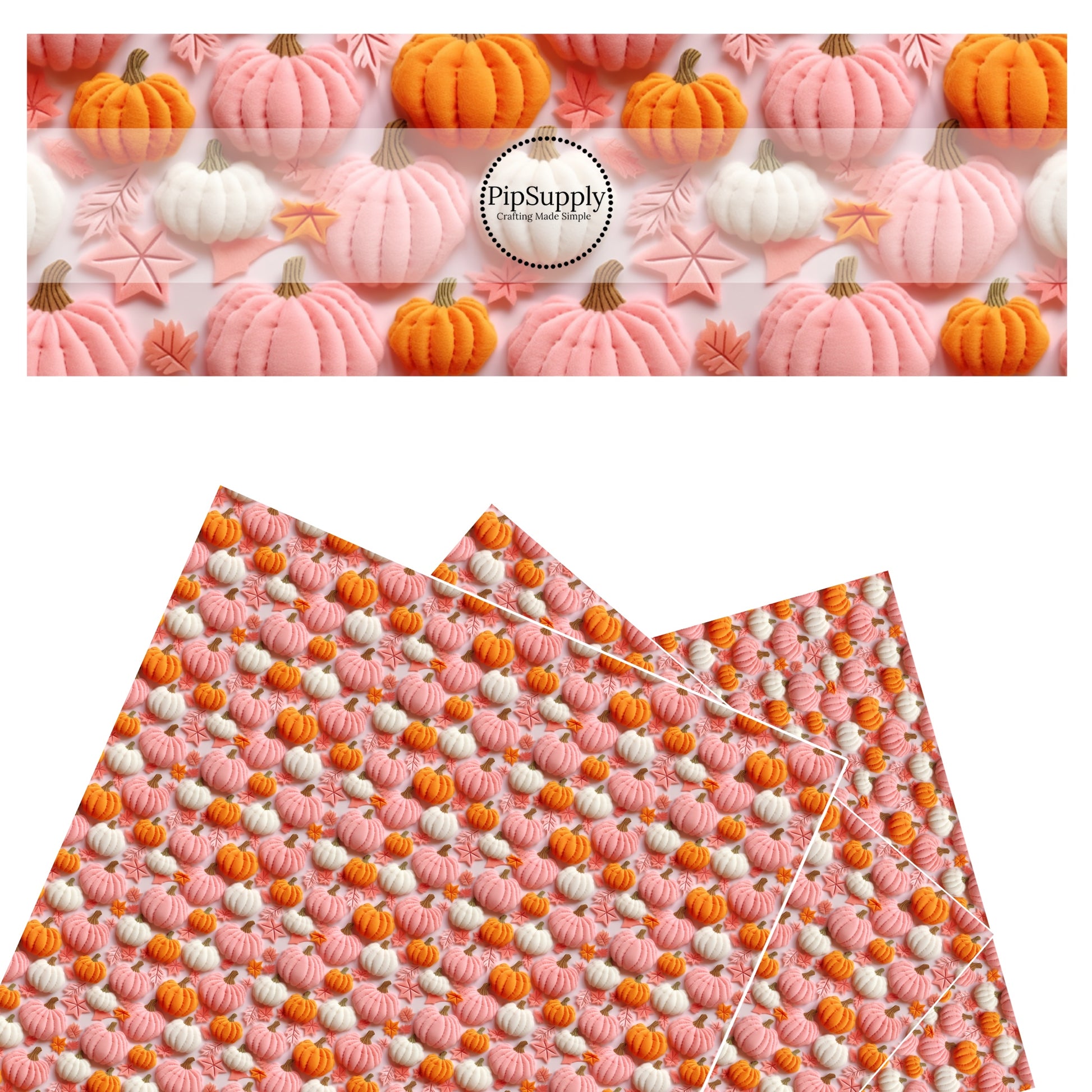 These holiday sewn pattern themed faux leather sheets contain the following design elements: orange, pink, and cream pumpkins and leaves on light pink. Our CPSIA compliant faux leather sheets or rolls can be used for all types of crafting projects.