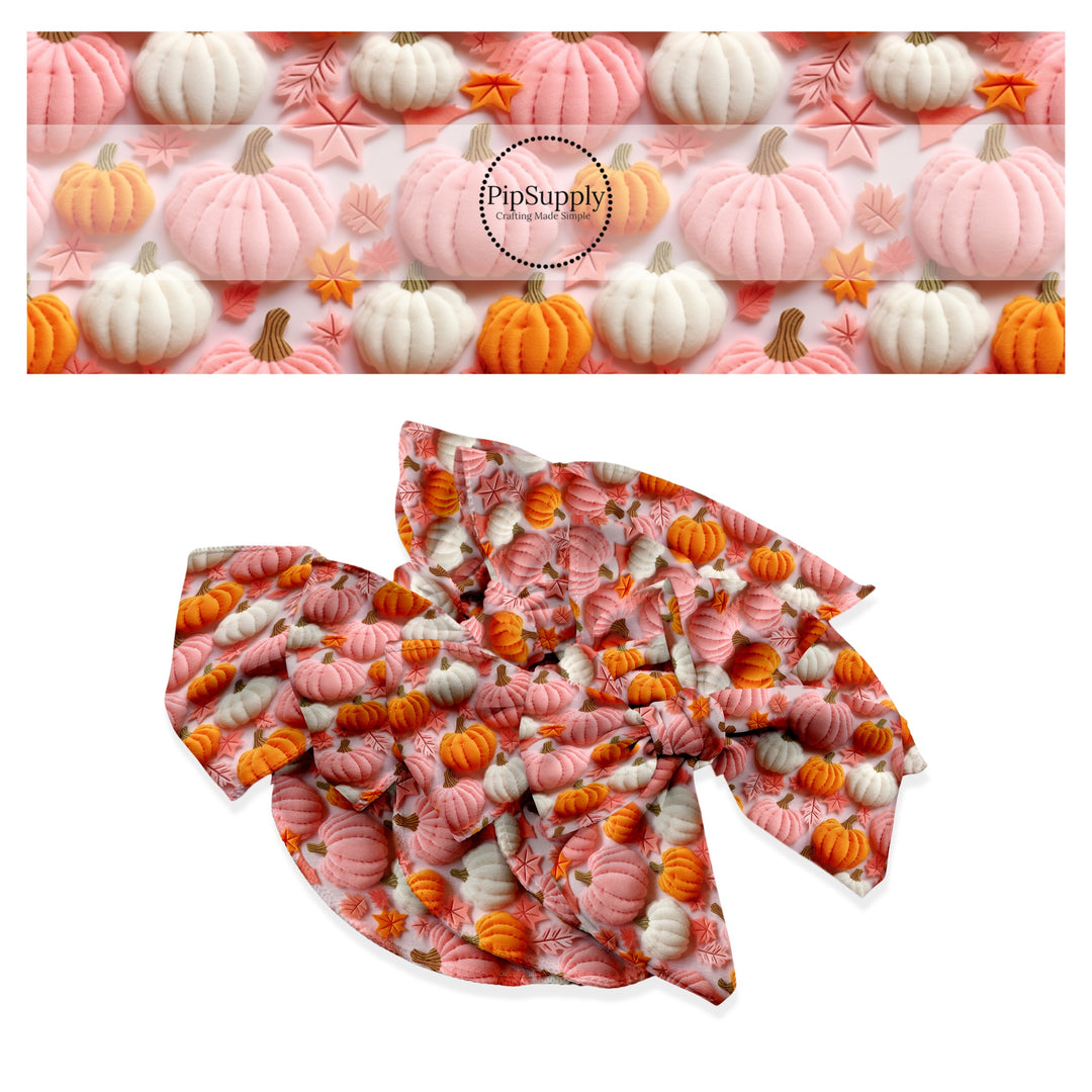 These holiday sewn pattern themed no sew bow strips can be easily tied and attached to a clip for a finished hair bow. These Halloween bow strips are great for personal use or to sell. The bow strips features features pink, orange, and cream pumpkins and leaves on light pink.