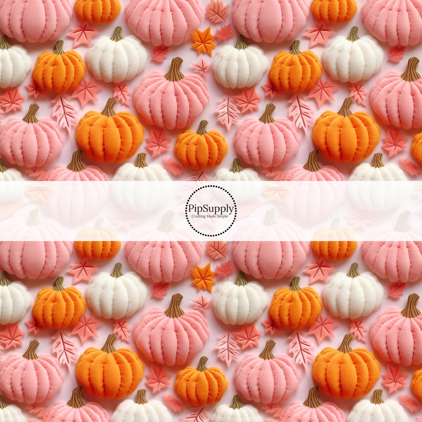 These holiday sewn pattern themed no sew bow strips can be easily tied and attached to a clip for a finished hair bow. These Halloween bow strips are great for personal use or to sell. The bow strips features features pink, orange, and cream pumpkins and leaves on light pink.