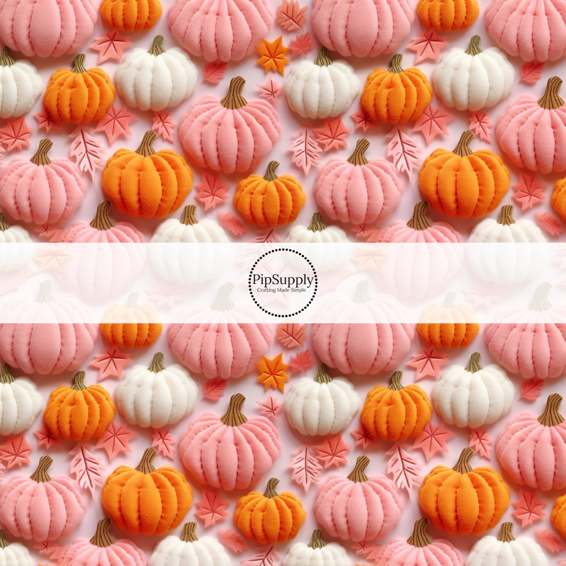 These holiday sewn pattern themed no sew bow strips can be easily tied and attached to a clip for a finished hair bow. These Halloween bow strips are great for personal use or to sell. The bow strips features features pink, orange, and cream pumpkins and leaves on light pink.