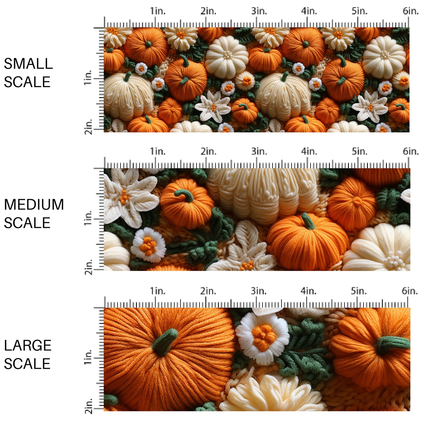 This scale chart of small scale, medium scale, and large scale of these holiday sewn pattern themed fabric by the yard features orange and cream pumpkins on cream. This fun Halloween fabric can be used for all your sewing and crafting needs!