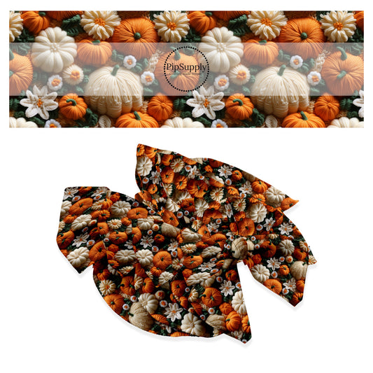 These holiday sewn pattern themed no sew bow strips can be easily tied and attached to a clip for a finished hair bow. These Halloween bow strips are great for personal use or to sell. The bow strips features features orange and cream pumpkins on cream.