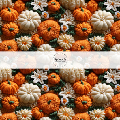 These holiday sewn pattern themed no sew bow strips can be easily tied and attached to a clip for a finished hair bow. These Halloween bow strips are great for personal use or to sell. The bow strips features features orange and cream pumpkins on cream.