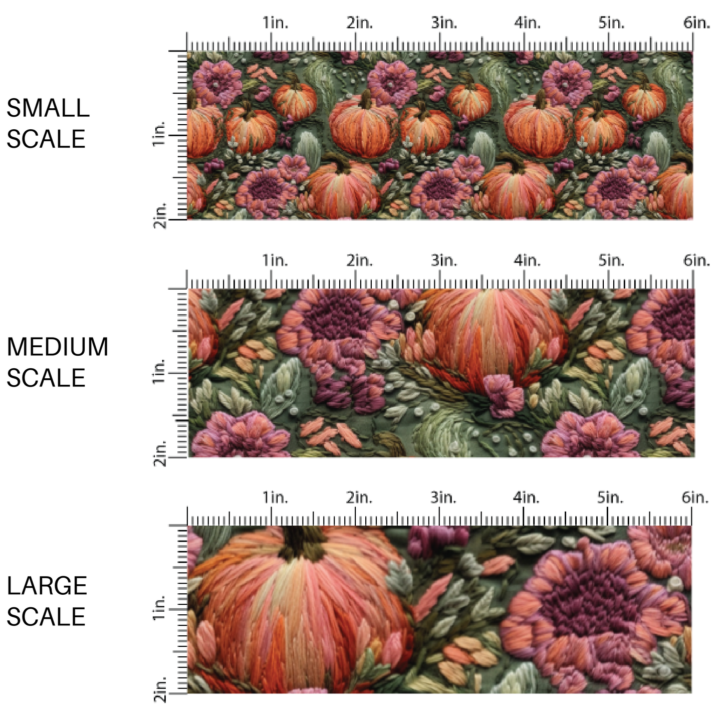 Green embroidered fabric by the yard scaled image guide with orange pumpkins and burgundy florals.