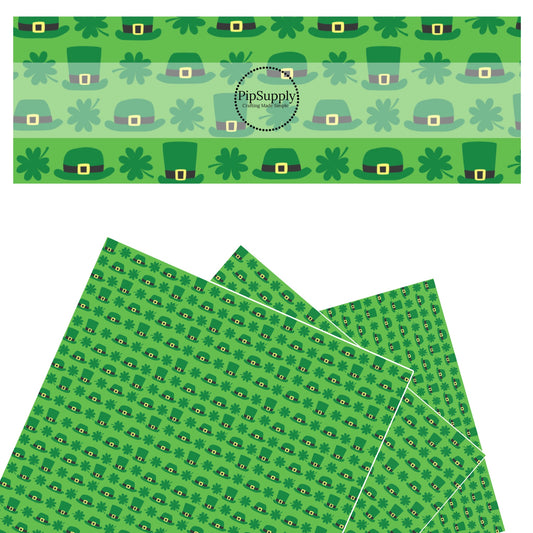 These St. Patrick's Day pattern themed faux leather sheets contain the following design elements: St. Patrick's Day leprechaun hats and shamrocks on green. Our CPSIA compliant faux leather sheets or rolls can be used for all types of crafting projects.