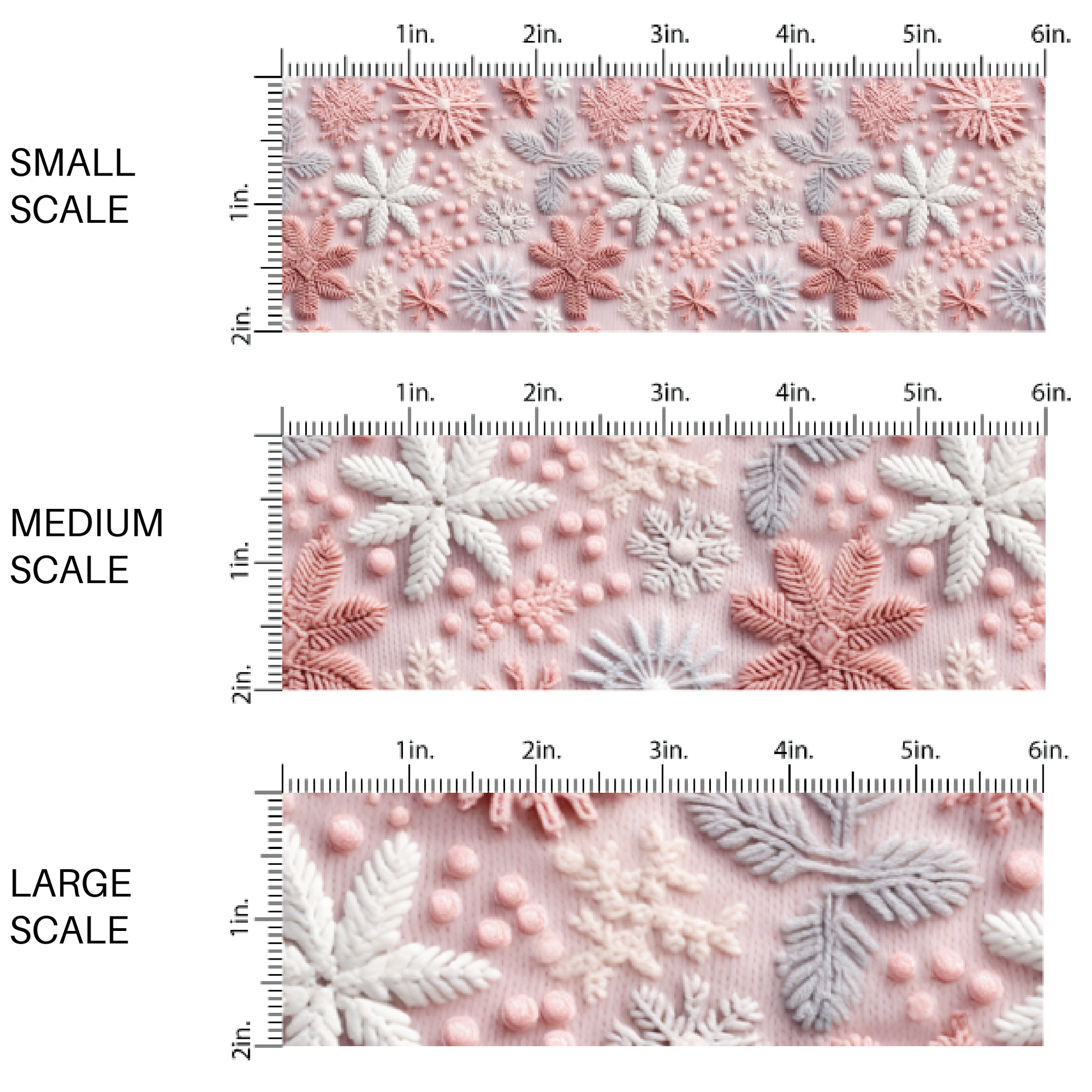 This scale chart of small scale, medium scale, and large scale of these holiday sewn pattern themed fabric by the yard features pink, purple, and white snowflakes on light pink. This fun Christmas fabric can be used for all your sewing and crafting needs!