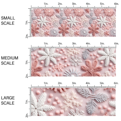 This scale chart of small scale, medium scale, and large scale of these holiday sewn pattern themed fabric by the yard features pink, purple, and white snowflakes on light pink. This fun Christmas fabric can be used for all your sewing and crafting needs!