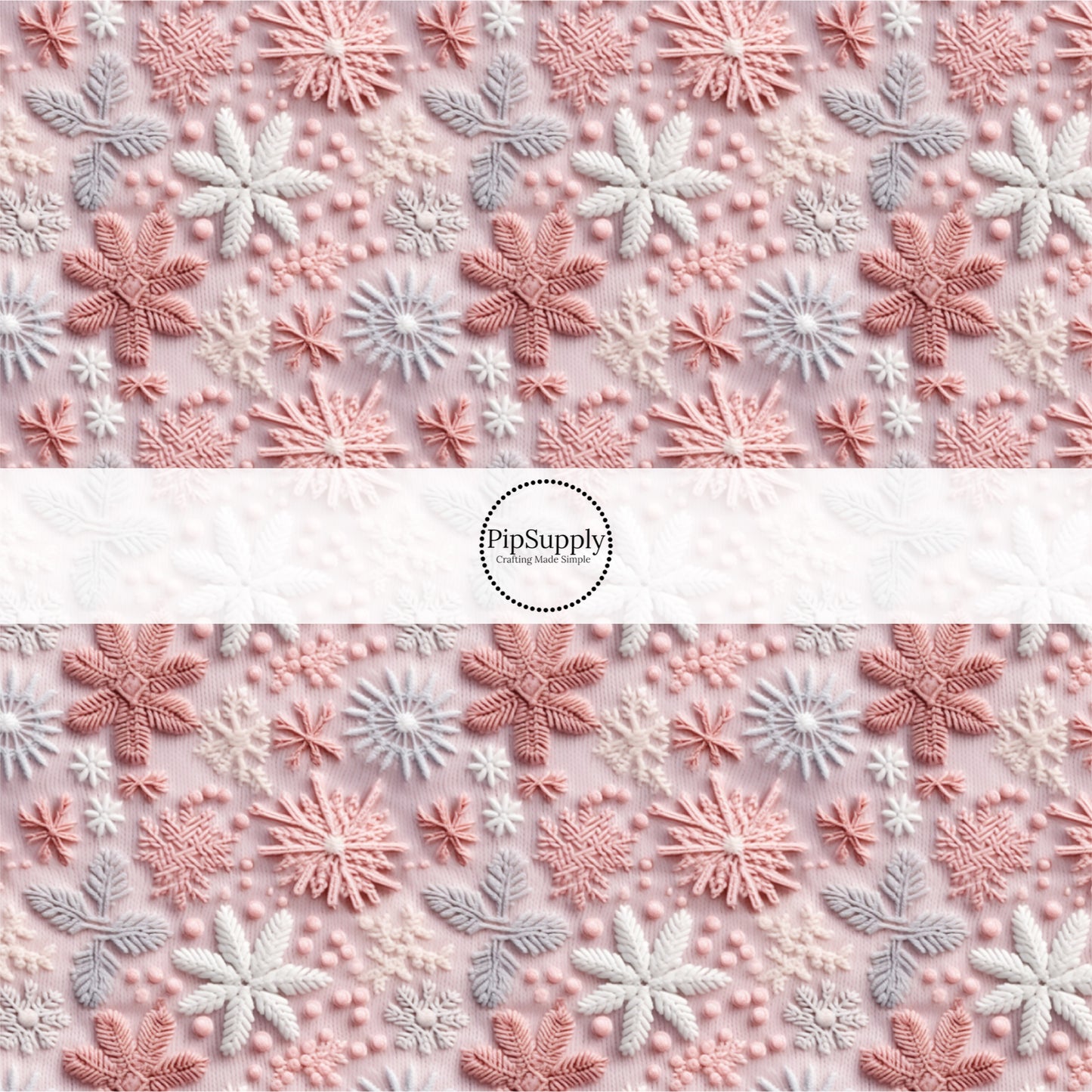 These holiday sewn pattern themed fabric by the yard features pink, purple, and white snowflakes on light pink. This fun Christmas fabric can be used for all your sewing and crafting needs!