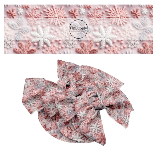 These holiday sewn pattern themed no sew bow strips can be easily tied and attached to a clip for a finished hair bow. These Christmas bow strips are great for personal use or to sell. The bow strips features features pink, purple, and white snowflakes on light pink.