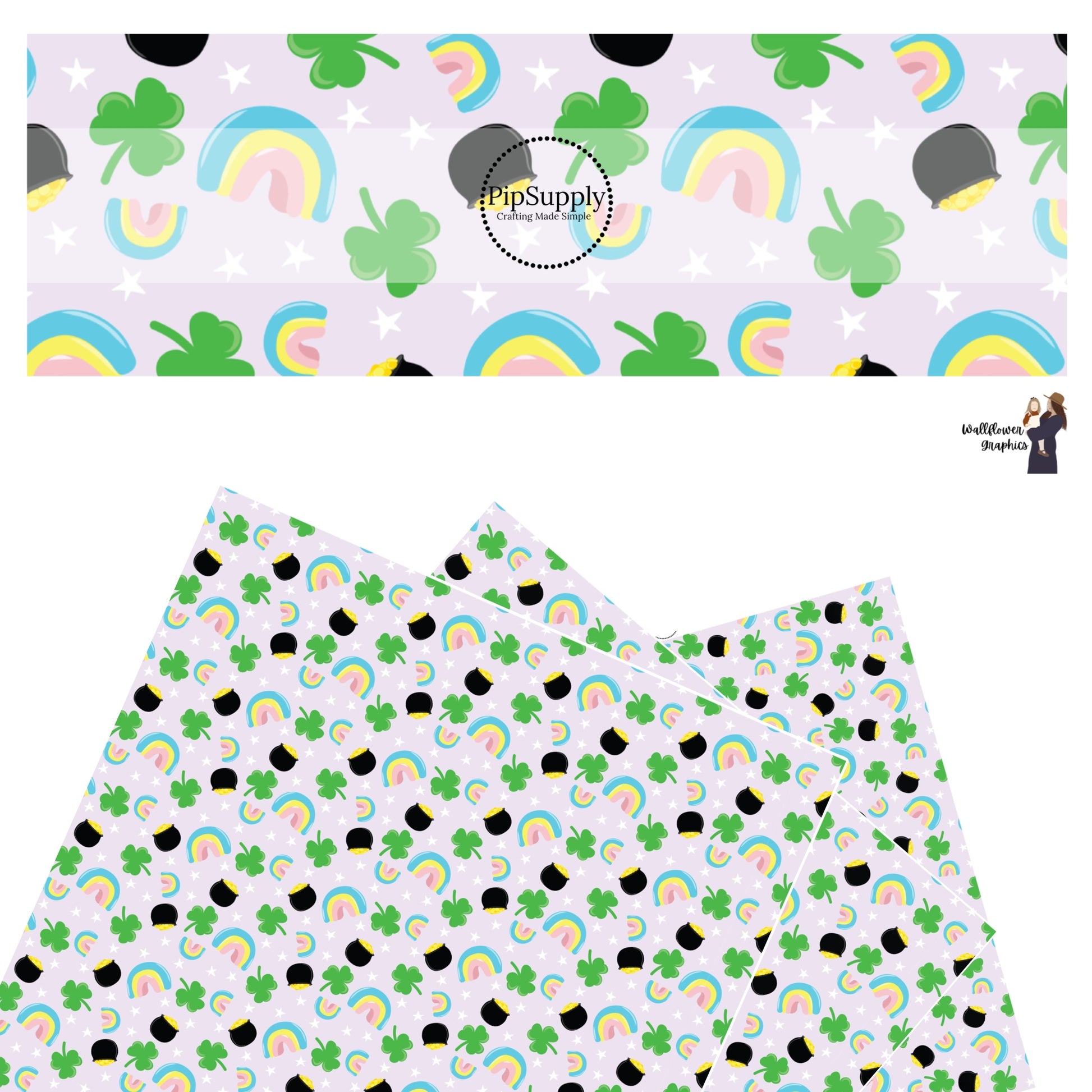 These St. Patrick's Day pattern themed faux leather sheets contain the following design elements: green shamrocks, rainbows, and pots of gold on light purple. Our CPSIA compliant faux leather sheets or rolls can be used for all types of crafting projects.